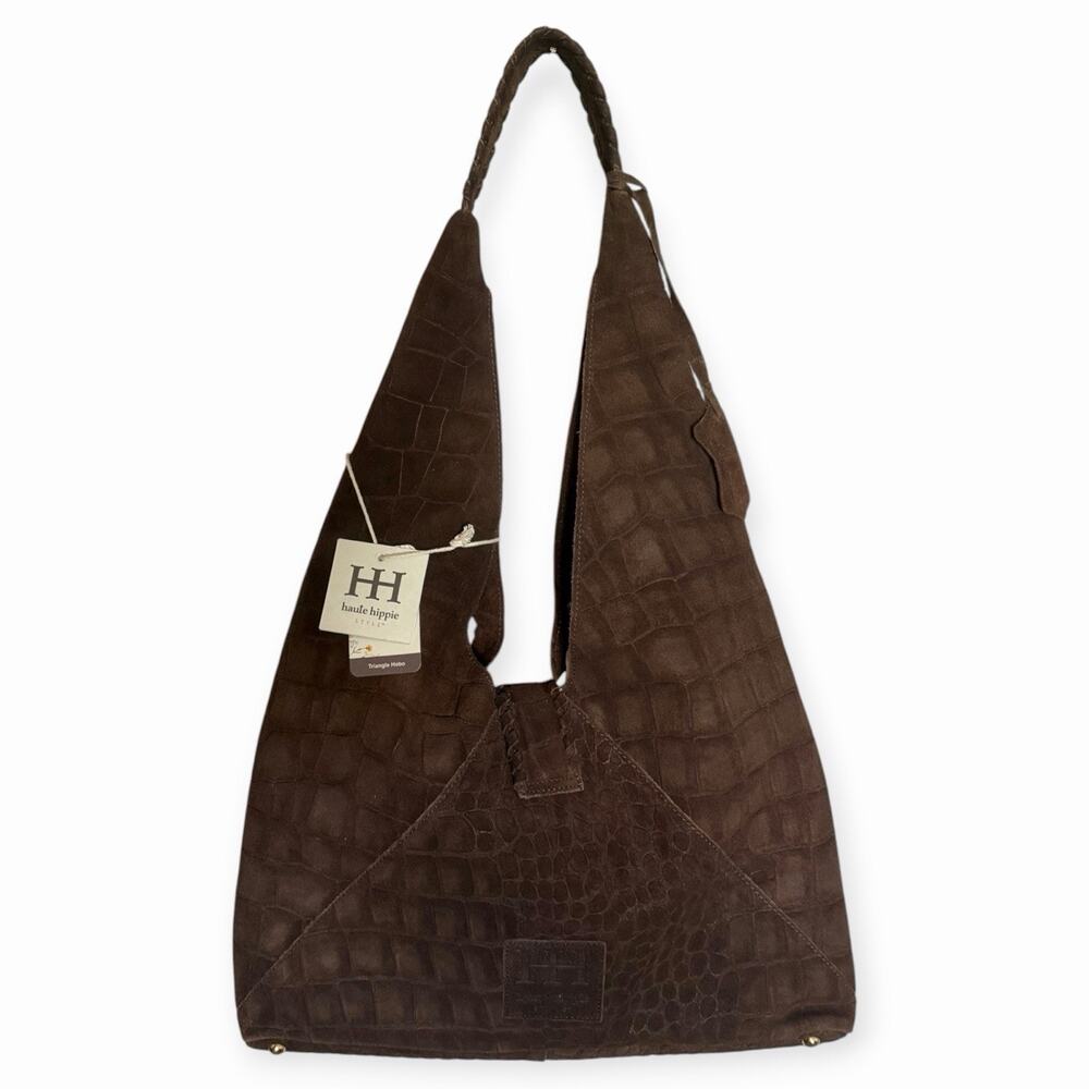 Haute Hippie Triangle Hobo Bag Brown Croc-Embossed Suede Leather Shoulder Purse